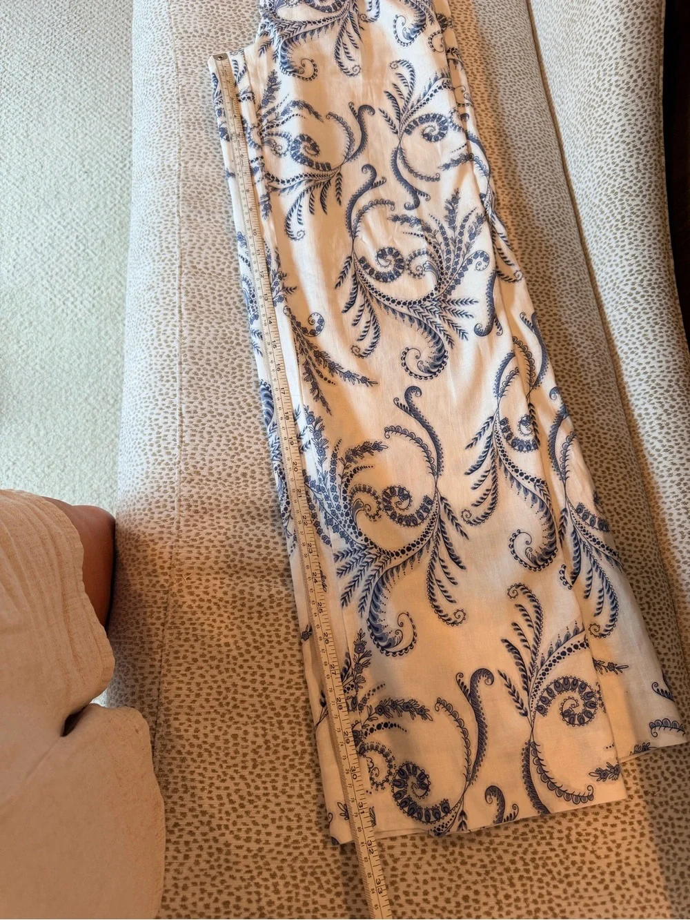 Linen Cotten blend- Wide-Leg Pants with Blue Scroll Print